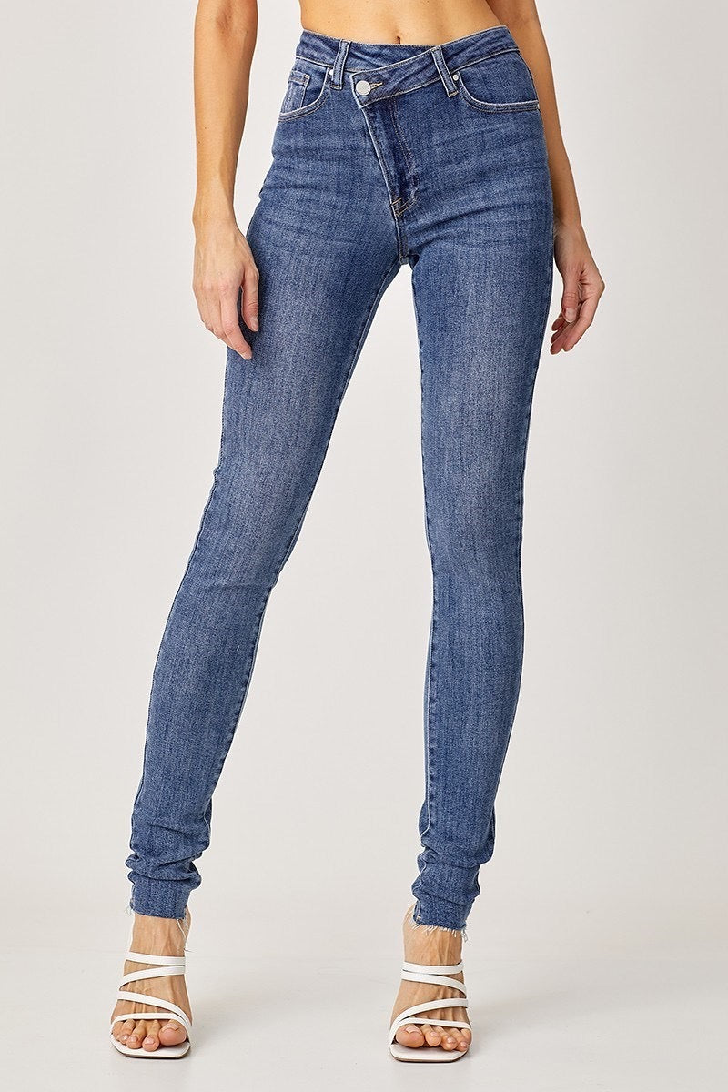 Risen High Rise Long Inseam Crossover Skinny Jeans