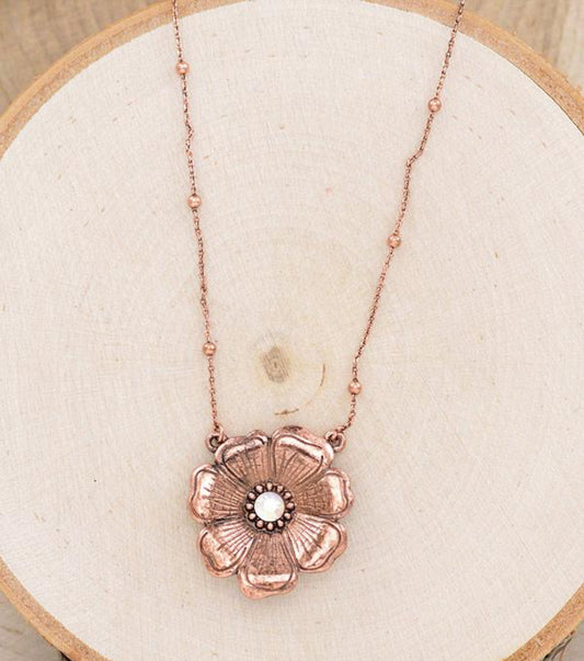 Flower, rhinestone, necklace, copper