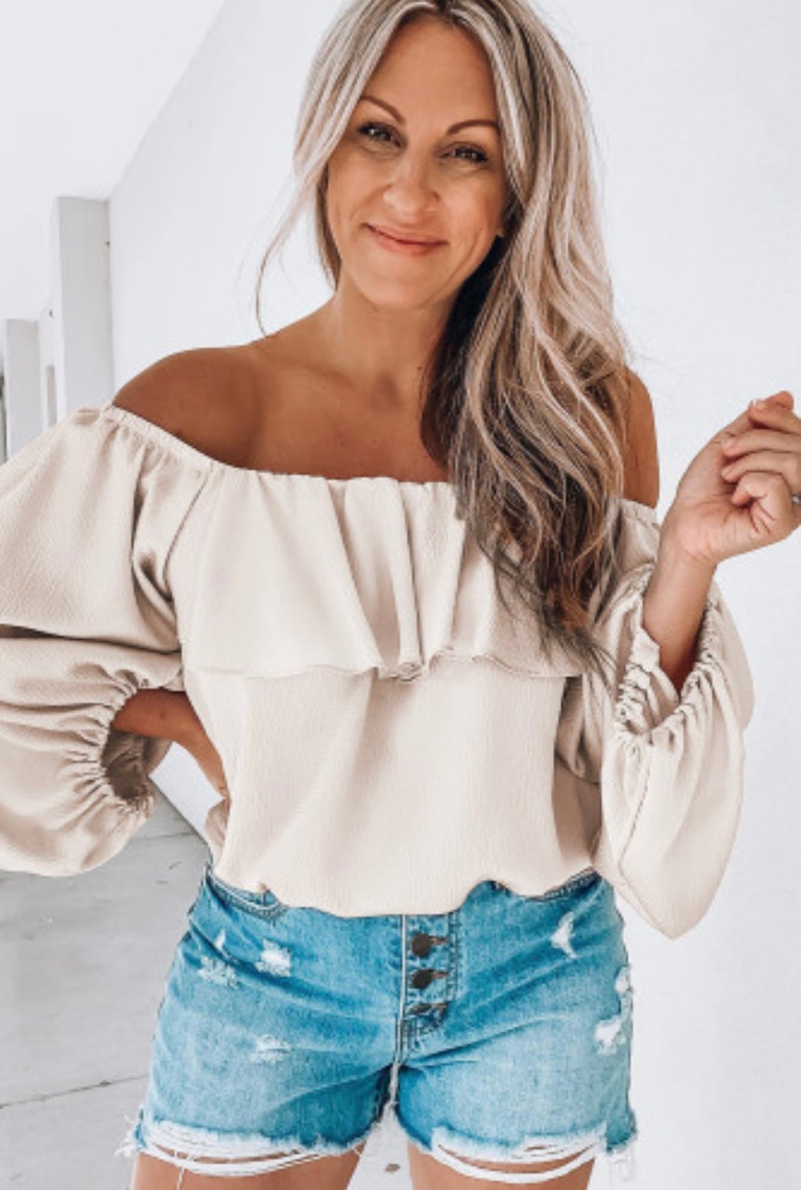 Oatmeal Ruffle Off Shoulder Lanter Sleeve Top