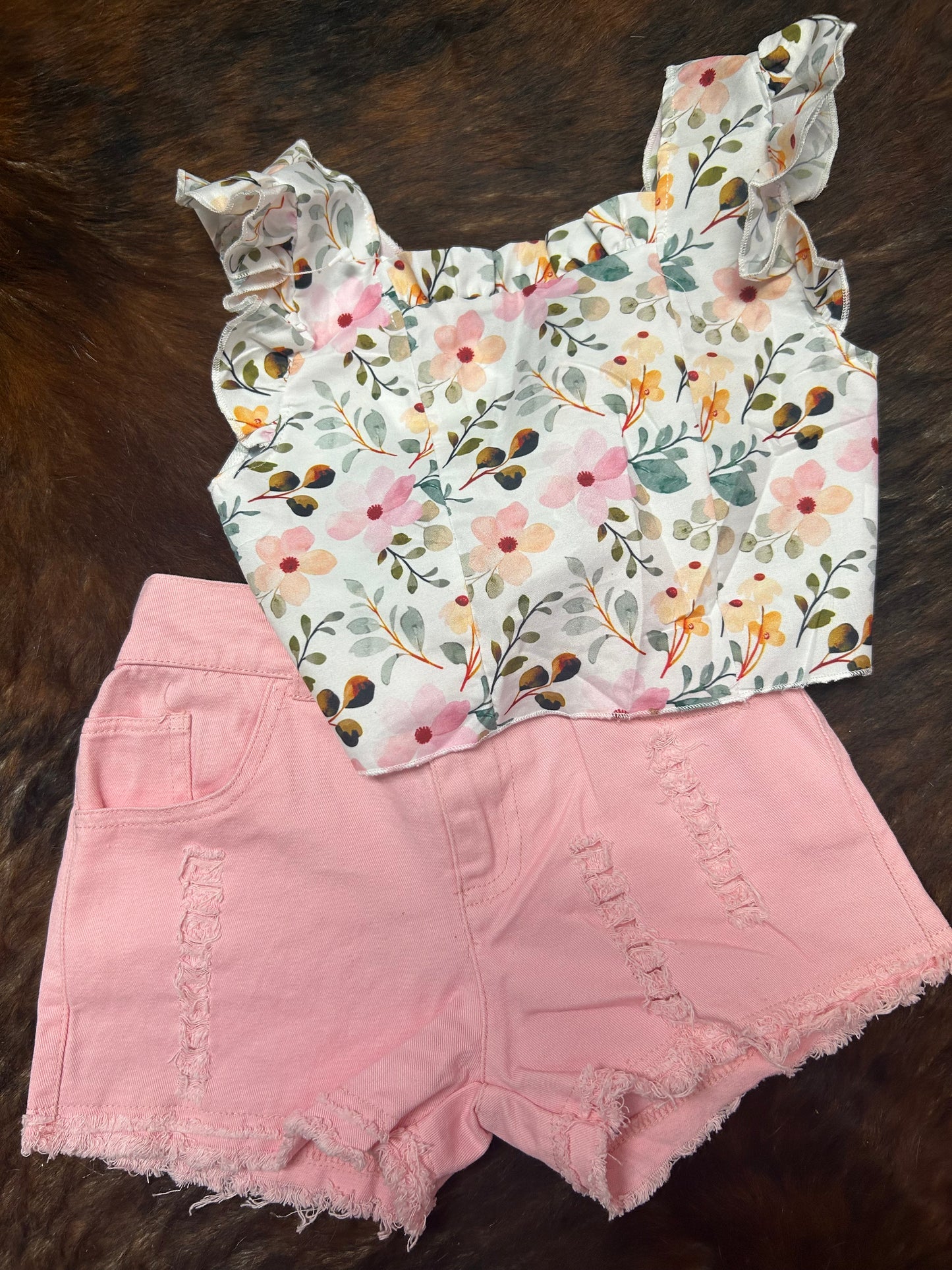 Floral Top Pink Distressed Denim Shorts Set