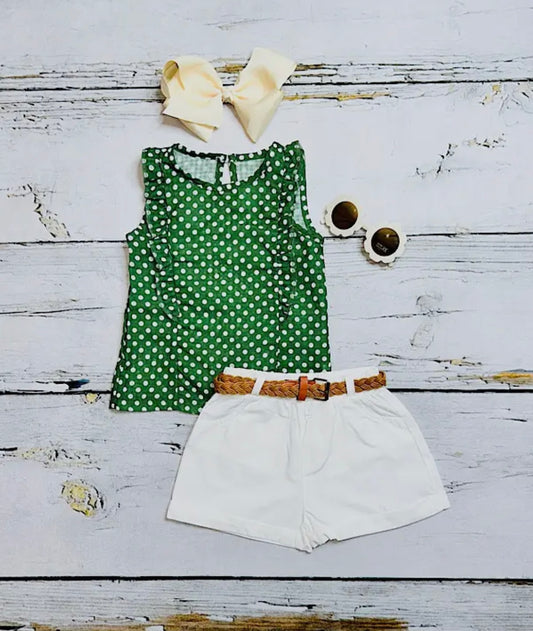 Green Polka Dot Tank, White Shorts & Belt 3pc Set