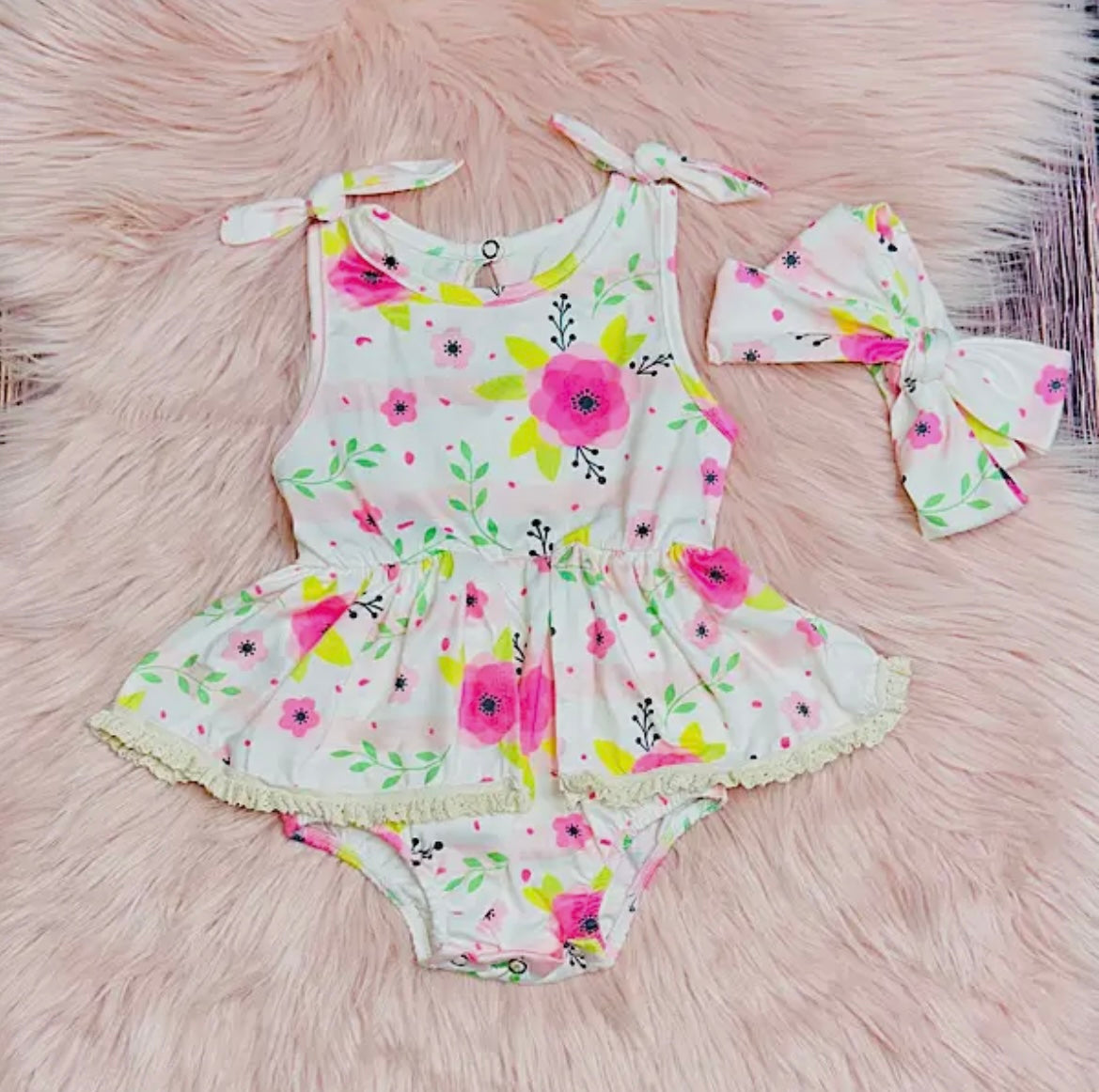 Pink Floral Romper With Headband