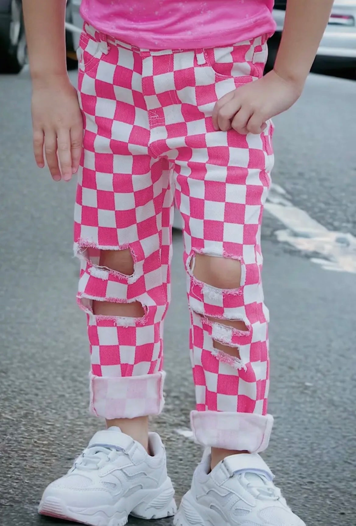 Pink Checkered T-Shirt & Distressed Denim Pants 2pc Set