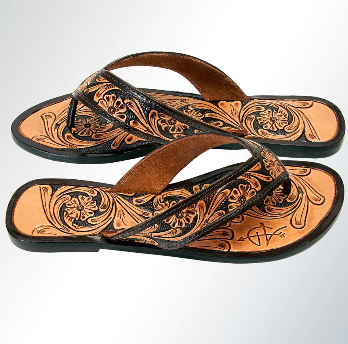 American Darling Tooled Leather Flip Flops Dark