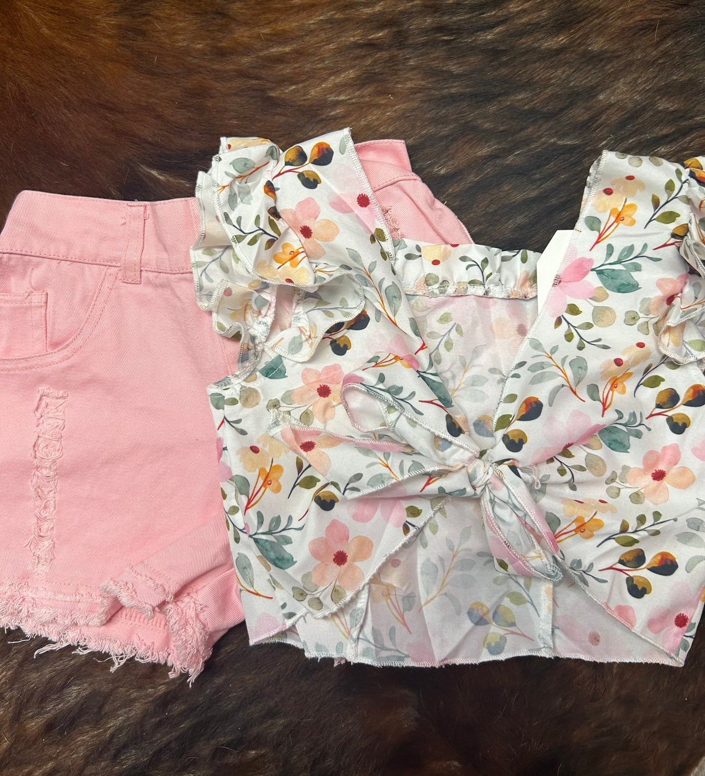 Floral Top Pink Distressed Denim Shorts Set