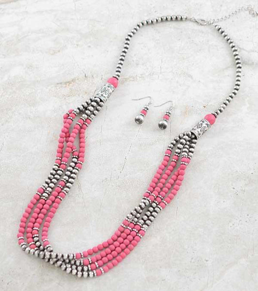 Pink long necklace with earrings