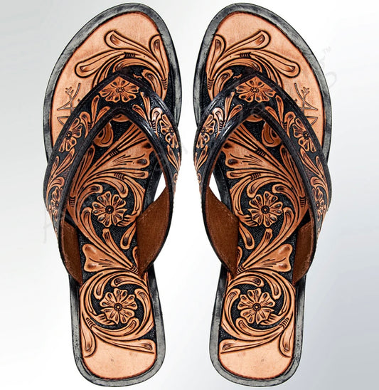 American Darling Tooled Leather Flip Flops Dark