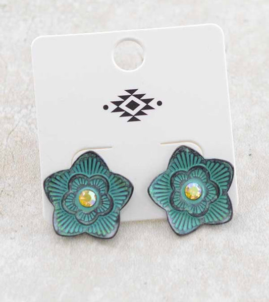 Green flower stud earrings