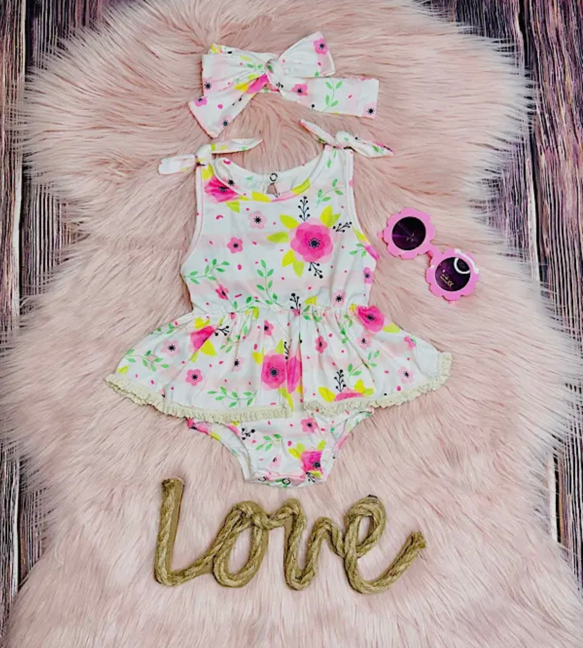 Pink Floral Romper With Headband