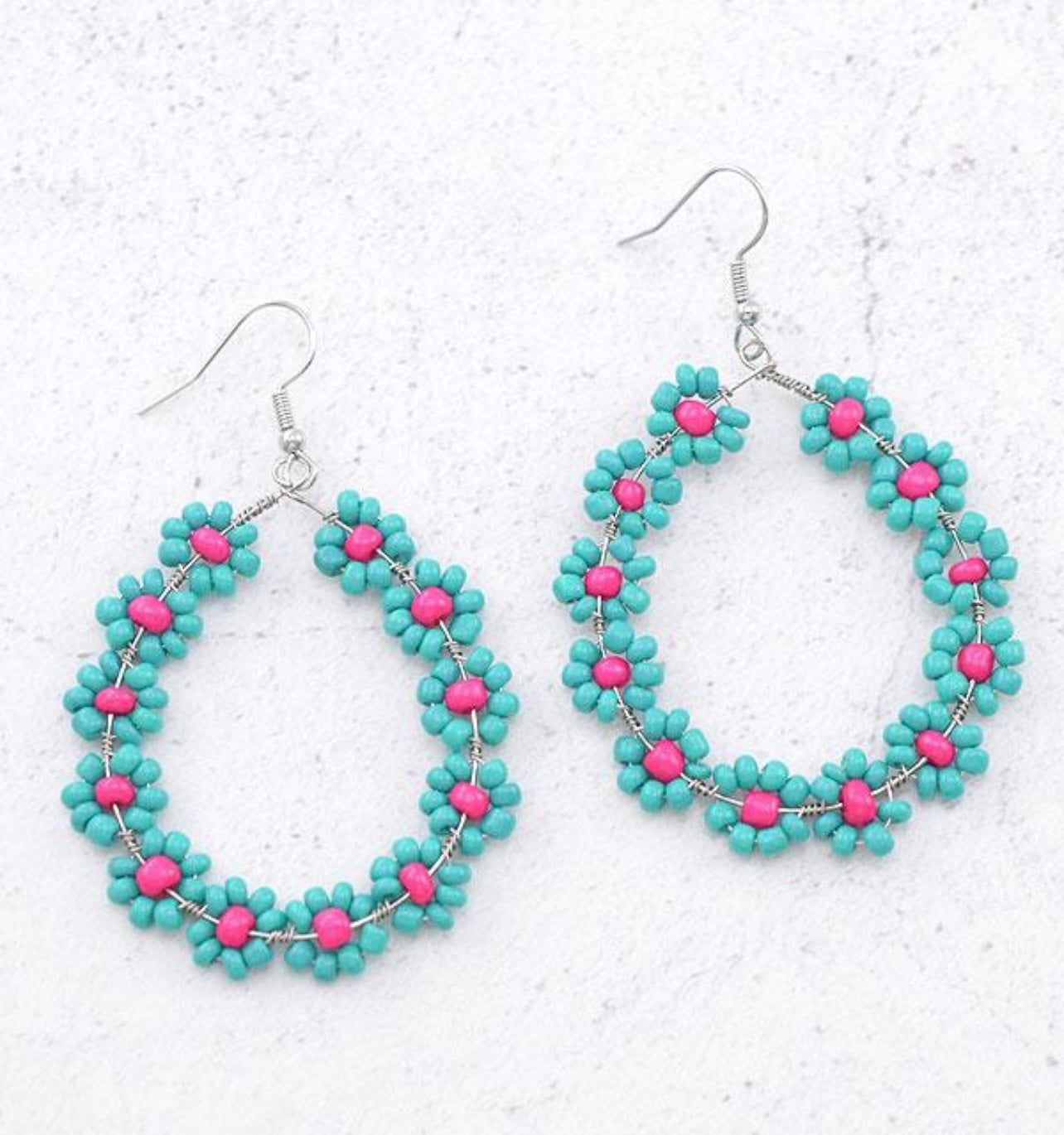 Turquoise and pink flower beaded earrings