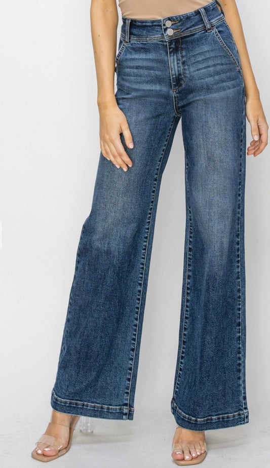 Risen Dark High Rise Wide Flare Jeans