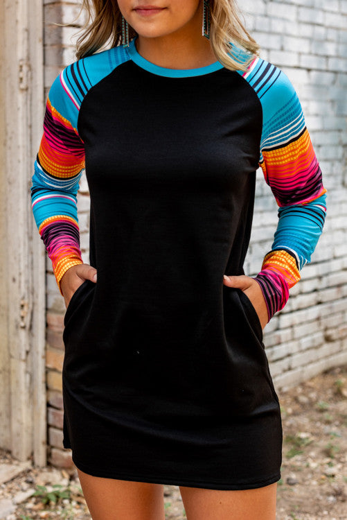 Serape Long Sleeve Black Dress