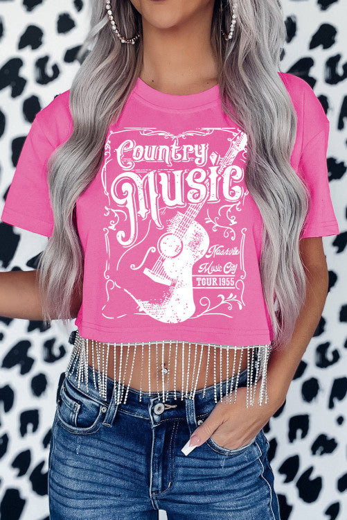 Country Music Rhinestone Fringe Crop Top