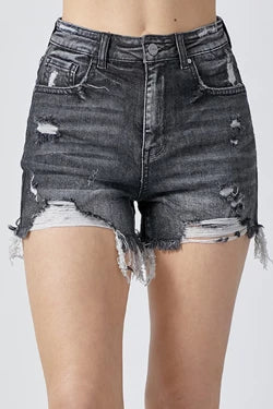 Black High Rise Distressed - Risen Shorts