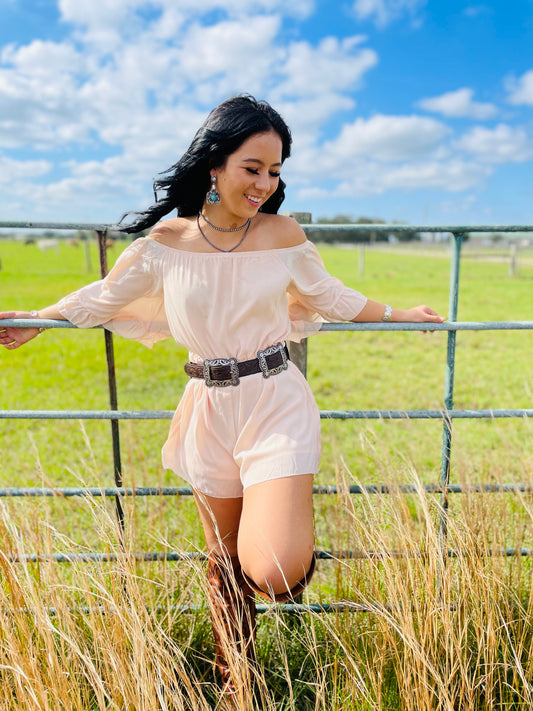 Blush Off Shoulder Bell Sleeve Romper