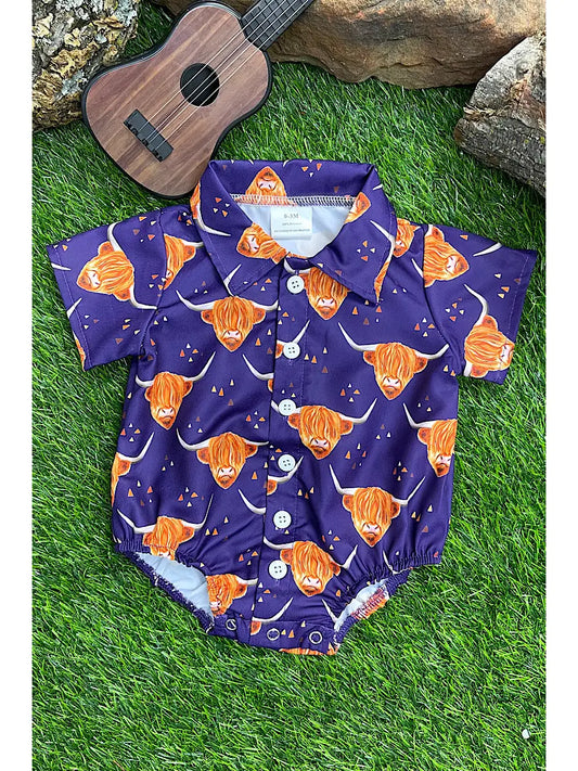 Boho Cow Purple Button Up Onesie