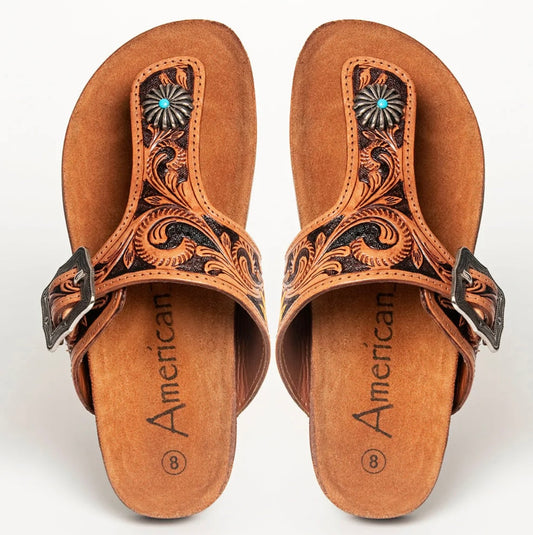 American Darling Tooled Leather Sandal Yellow Sunflower with Buckle